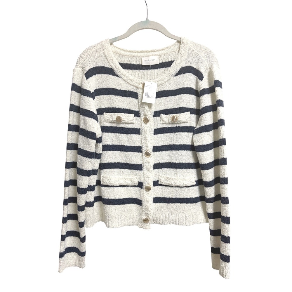 Mia & Tess Cardigan Navy White Stripe Gold Button Nautical Linen Blend Large